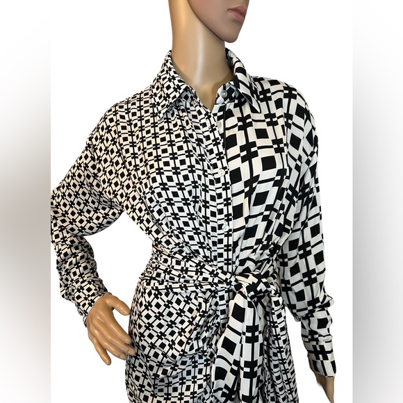 Steve Madden Size 4 Sula Black White Geometric Print Long Sleeve Midi (0447) - Picture 4 of 13